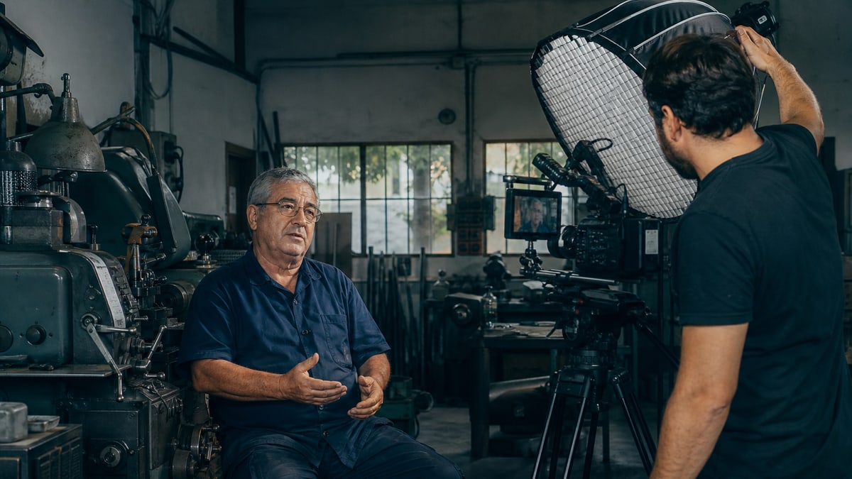 Entrevista corporativa en un taller familiar. Fotografia generada especificamente para Firekworks.