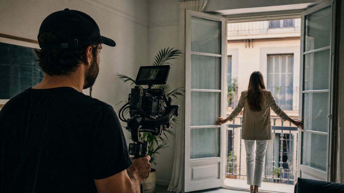 Videógrafo filmando un apartamento mediterráneo. Fotografia generada especificamente para Firekworks.